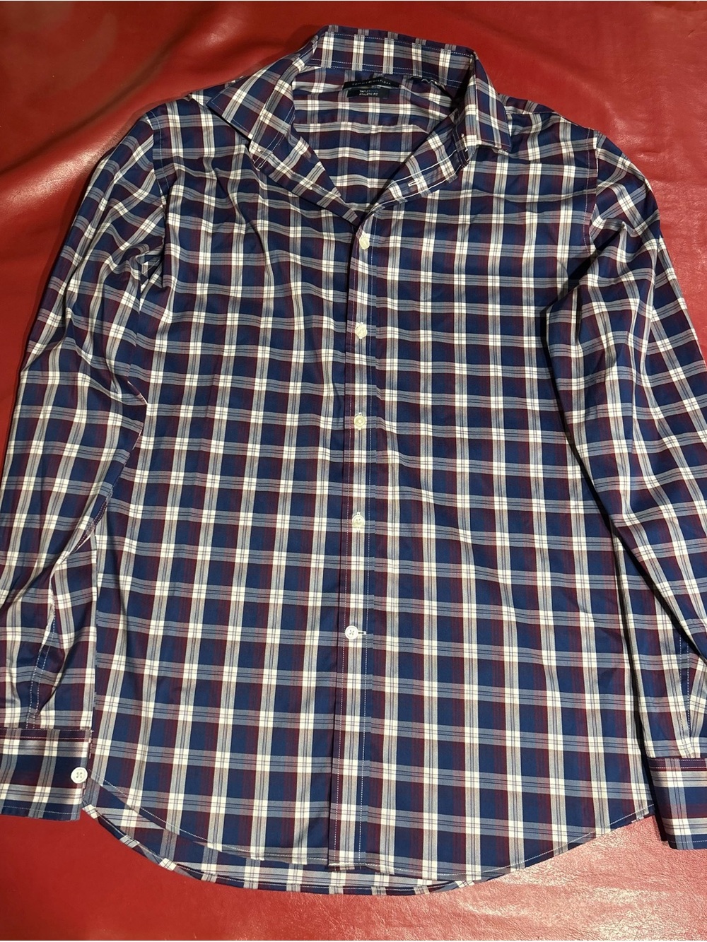 Tommy Hilfiger Navy, White & Red Plaid Long-Sleeve Dress Shirt